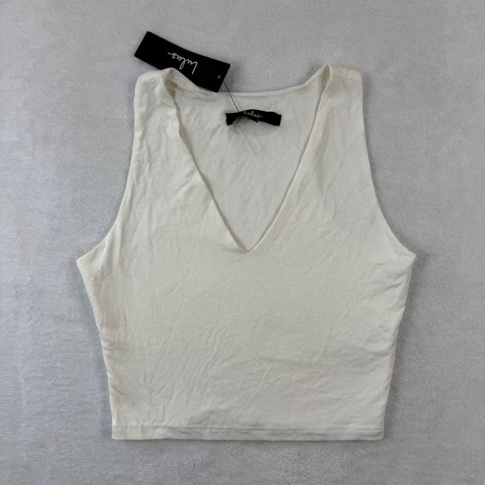 Lulus Womens V-Neck Crop Top Cream Ivory Sleeveless Stretch Knit Small 50003 NWT